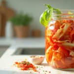A jar of napa cabbage kimchi with visible chili and scallion on a kitchen counter