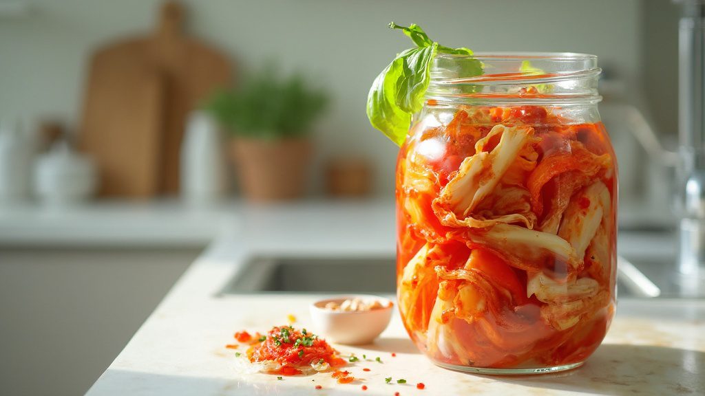 A jar of napa cabbage kimchi with visible chili and scallion on a kitchen counter