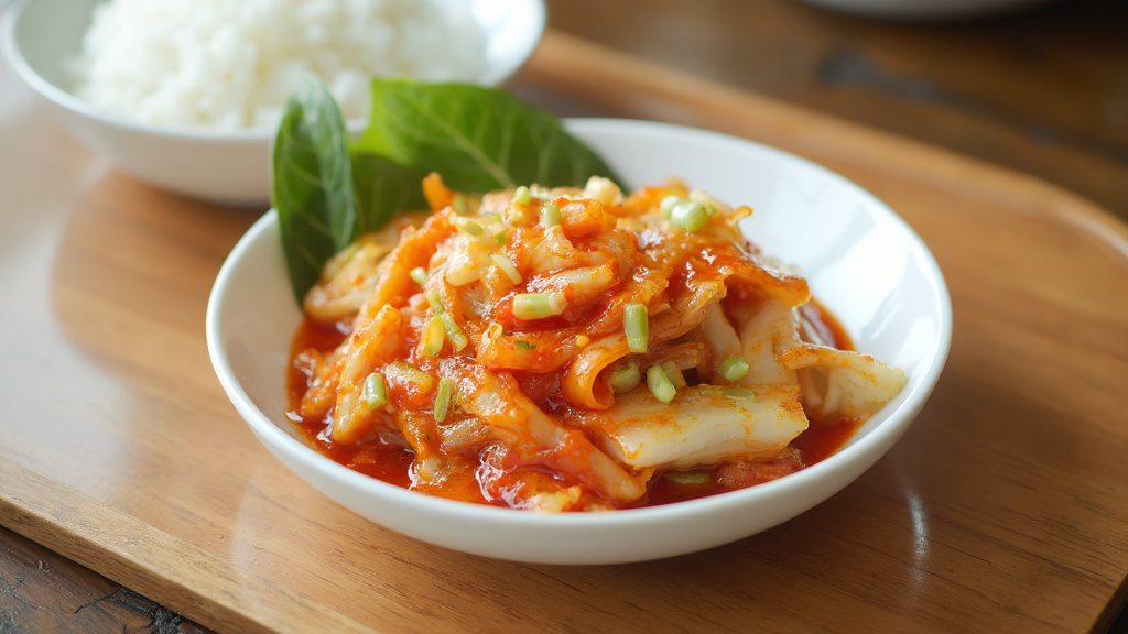 A modest side-dish portion of napa cabbage kimchi served with rice