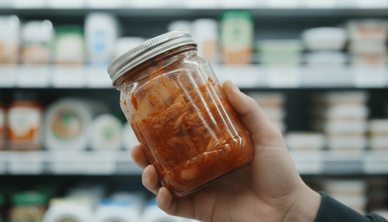 A hand checking a refrigerated jar of kimchi in a grocery cold case