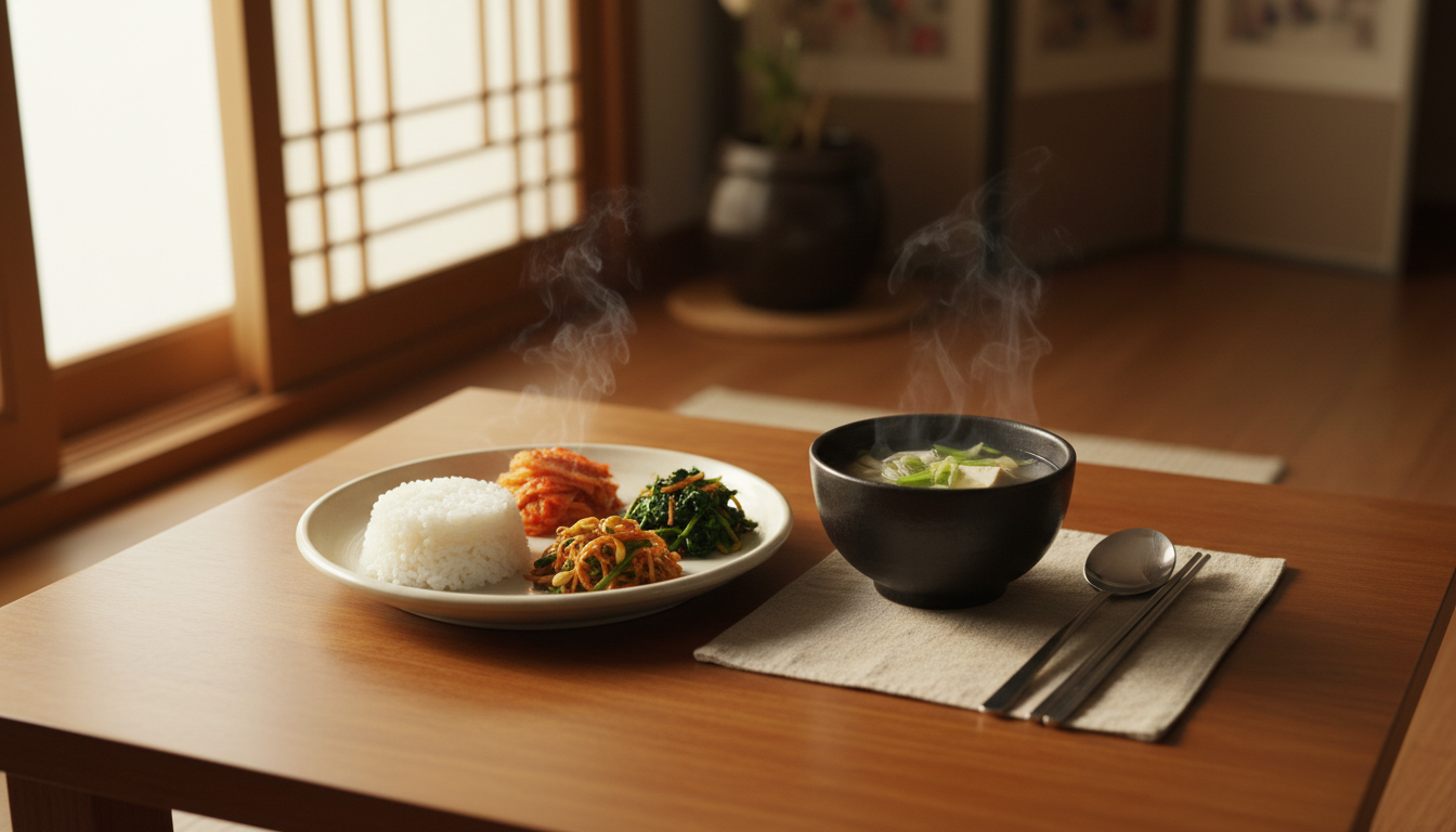 Kimchi Sodium: How Much Salt It Has, and How to Enjoy It 2 A small serving of kimchi beside rice and vegetables in a balanced Korean meal
