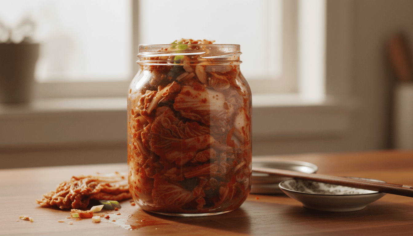An open jar of fresh unpasteurized Korean kimchi on a kitchen counter with chopsticks