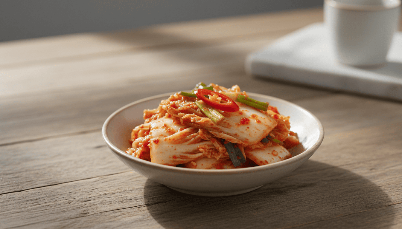 A small side-dish bowl of napa cabbage kimchi on a wooden table