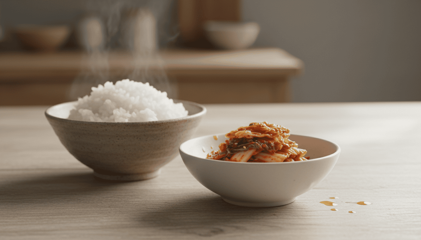 A small side bowl of Korean kimchi next to rice on a wooden table