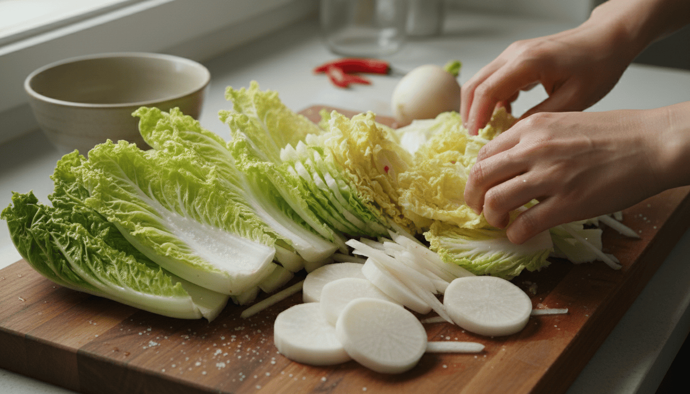 Kimchi Bloating: Why It Happens and How to Eat It Comfortably 2 Fresh napa cabbage and radish on a cutting board being prepared for kimchi