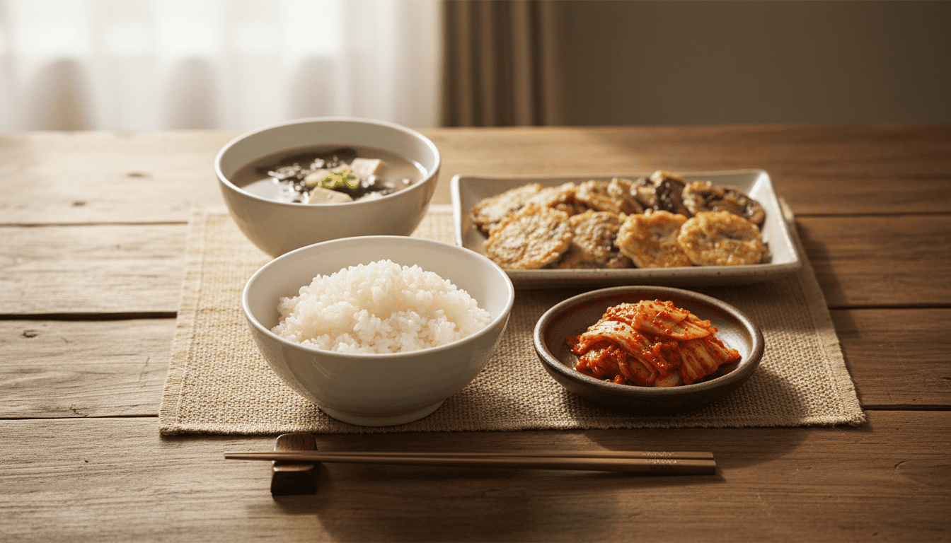 A Korean meal with rice and a small side dish of kimchi on a wooden table