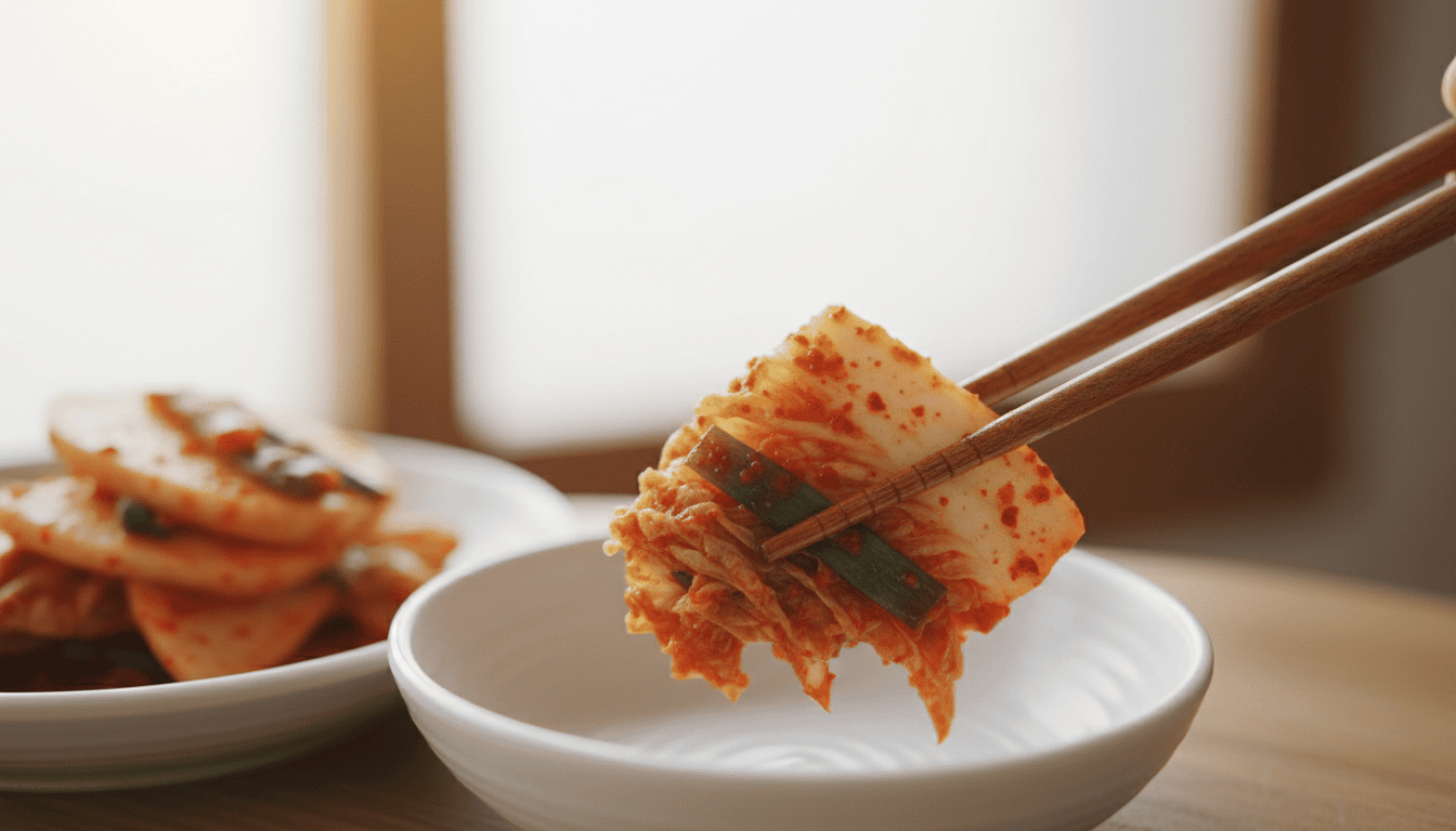 A modest side-dish portion of kimchi being served with chopsticks
