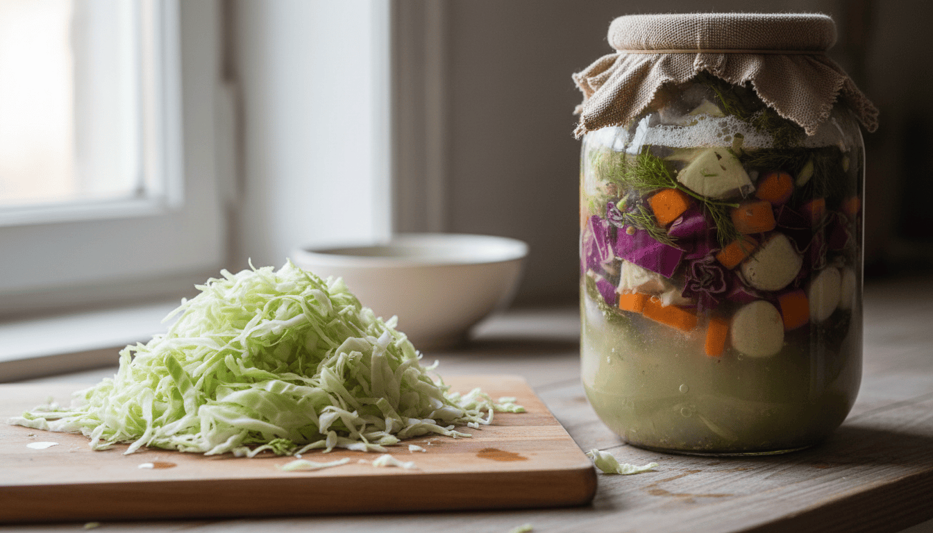 Kimchi vs Sauerkraut: Which Is Better for Gut Health? 2 Cabbage being fermented at home in a glass jar