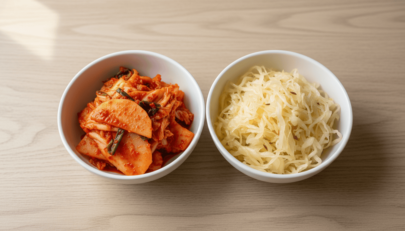 Kimchi and sauerkraut served side by side in two small bowls for comparison